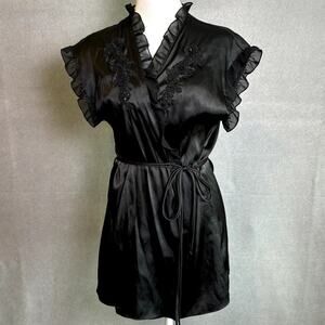 Linea Donatella Women's Black Ruffle Satin Robe Intimates, Lounge Wear S